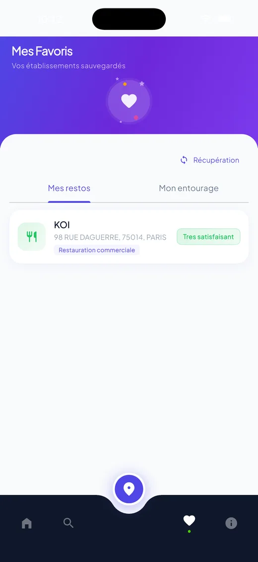 Liste des établissements favoris dans l'application RestoSafe