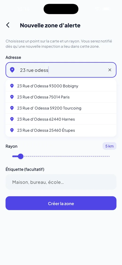 Création d'une zone d'alerte avec adresse et rayon dans RestoSafe