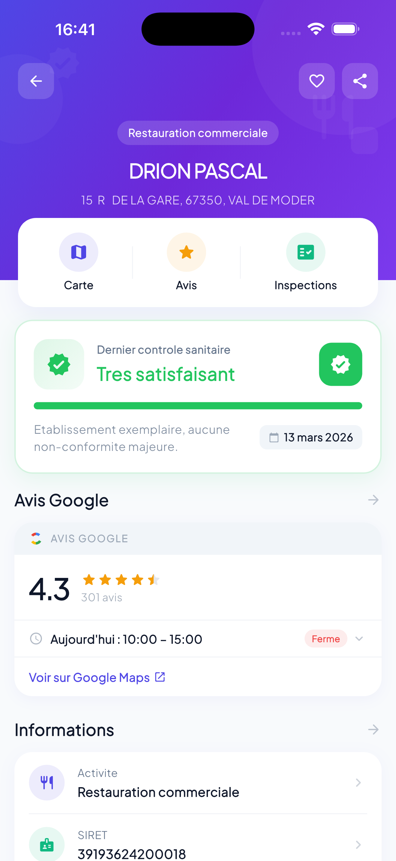 Fiche détaillée d'un restaurant